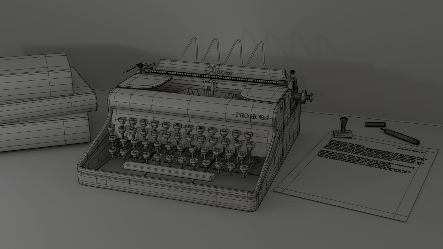 Wireframes of a 3D model of a vintage typewriter &copy; 2019
